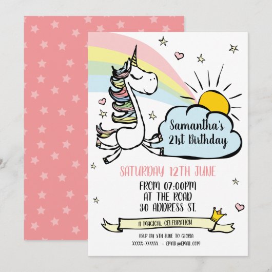 Birthday Party Unicorn Uitnodiging (Voorkant / Achterkant)