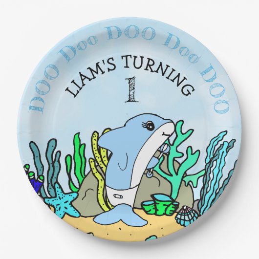 Birthday party van baby Shark boy Papieren Bordje (Voorkant)