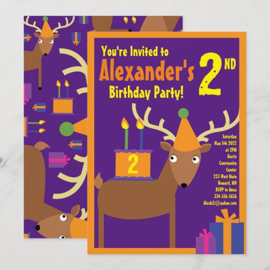Birthday Party van Deer Animal Kind Kaart (Voorkant / Achterkant)
