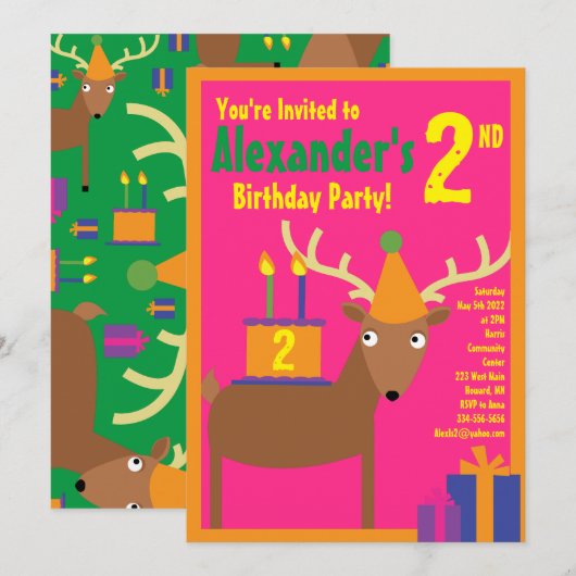 Birthday Party van Deer Animal Kind Kaart (Voorkant / Achterkant)