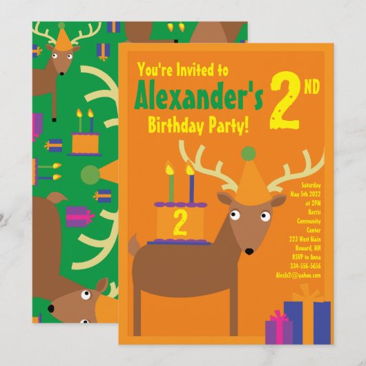 Birthday Party van Deer Animal Kind Kaart (Voorkant / Achterkant)