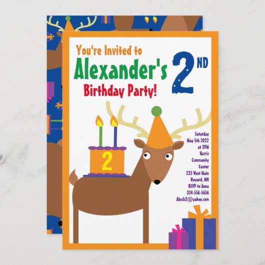 Birthday Party van Deer Animal Kind Kaart (Voorkant / Achterkant)