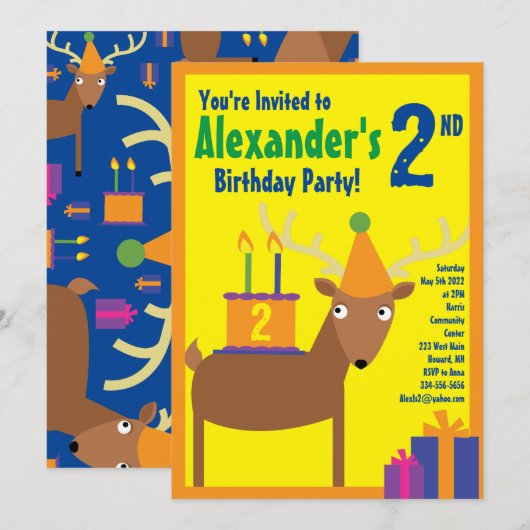 Birthday Party van Deer Animal Kind Kaart (Voorkant / Achterkant)