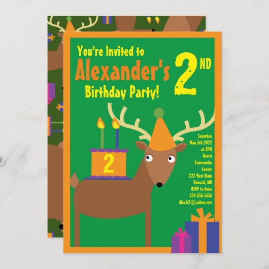 Birthday Party van Deer Animal Kind Kaart (Voorkant / Achterkant)