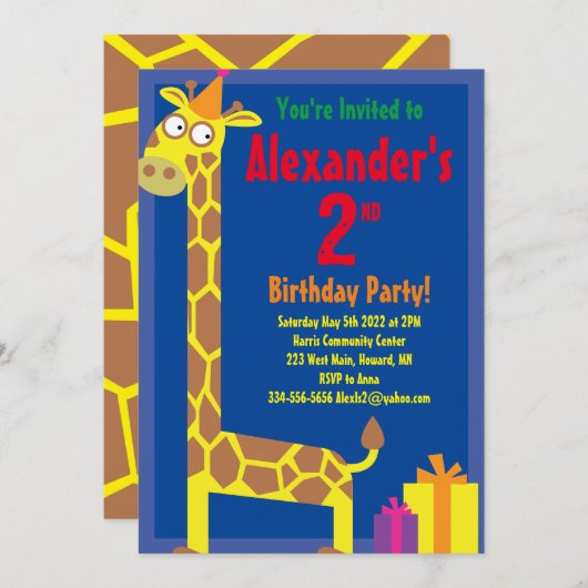 Birthday Party van Giraffe Animal Kind Kaart (Voorkant / Achterkant)