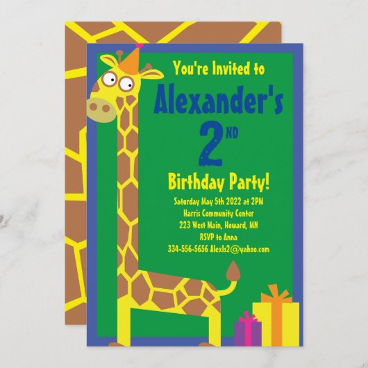 Birthday Party van Giraffe Animal Kind Kaart (Voorkant / Achterkant)