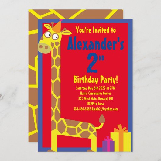 Birthday Party van Giraffe Animal Kind Kaart (Voorkant / Achterkant)