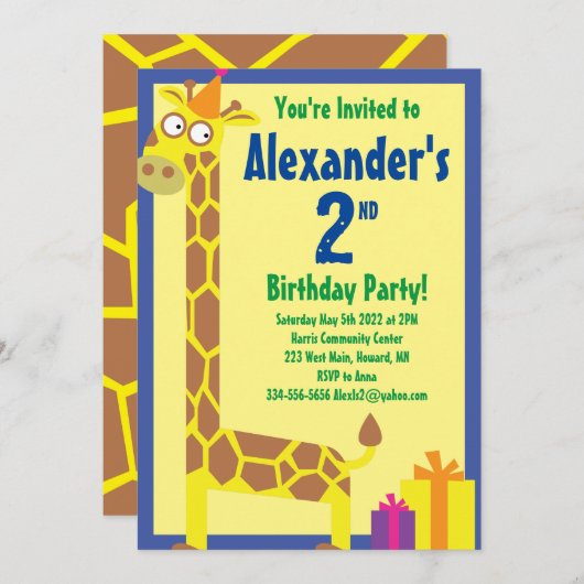 Birthday Party van Giraffe Animal Kind Kaart (Voorkant / Achterkant)