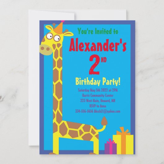 Birthday Party van Giraffe Animal Kind Kaart (Voorkant)