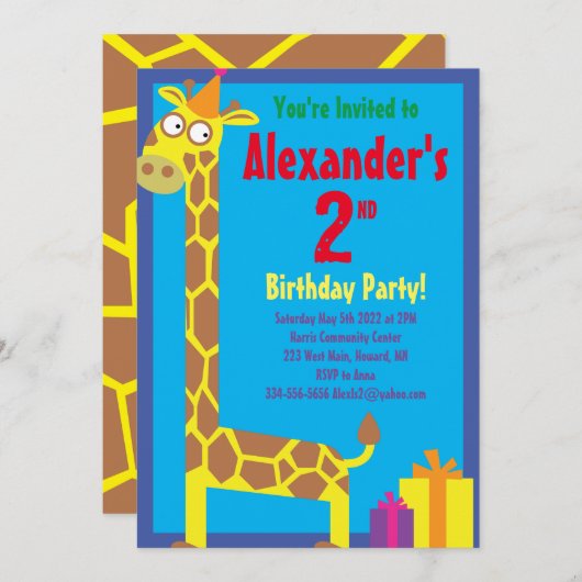 Birthday Party van Giraffe Animal Kind Kaart (Voorkant / Achterkant)
