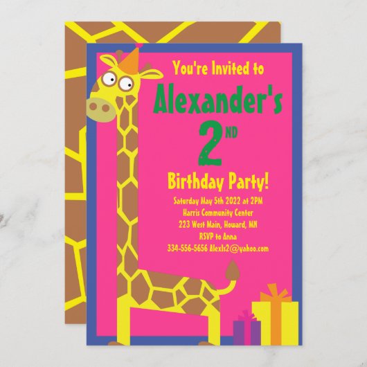Birthday Party van Giraffe Animal Kind Kaart (Voorkant / Achterkant)