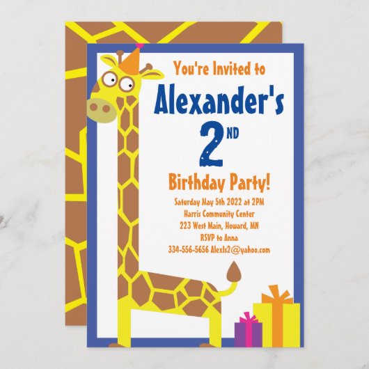 Birthday Party van Giraffe Animal Kind Kaart (Voorkant / Achterkant)