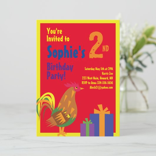 Birthday party van het dierlijk Kind Rooster Kaart (Staand voorkant)