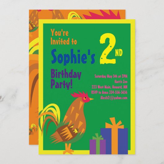 Birthday party van het dierlijk Kind Rooster Kaart (Voorkant / Achterkant)