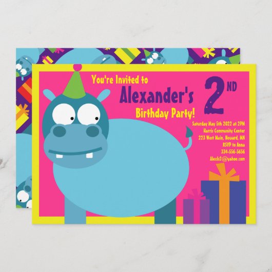 Birthday party van het Hippo-Kind Kaart (Voorkant / Achterkant)