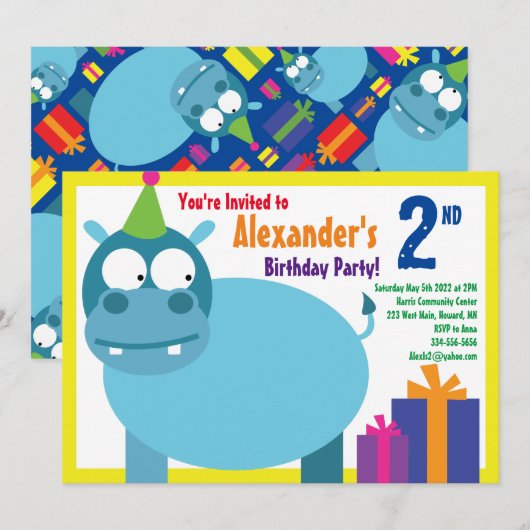Birthday party van het Hippo-Kind Kaart (Voorkant / Achterkant)