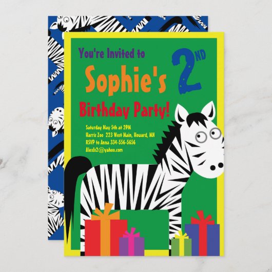 Birthday Party van het zebra Kind Kaart (Voorkant / Achterkant)