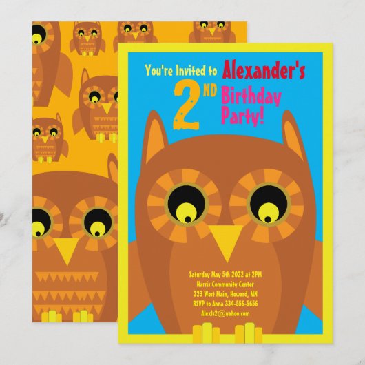 Birthday Party van Owl Animal Kind Kaart (Voorkant / Achterkant)