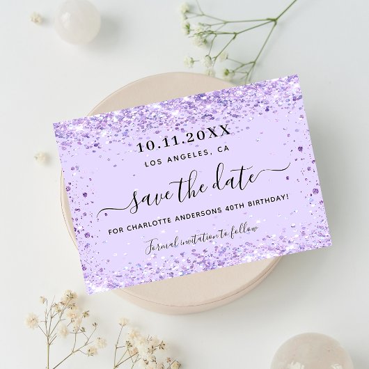 Birthday party violet glitter save the date