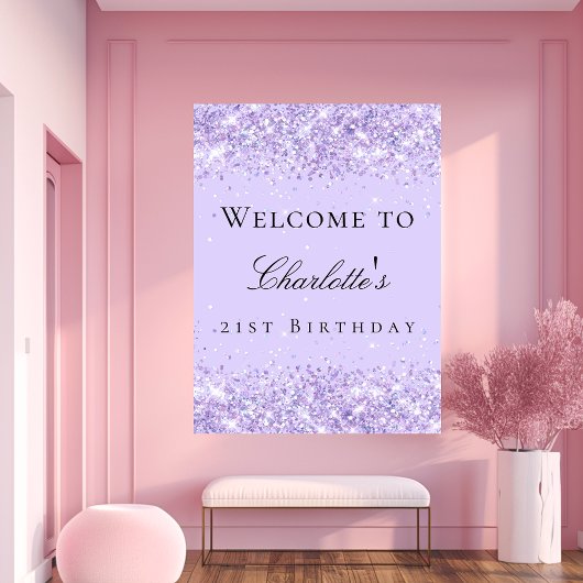 Birthday party violet lavender glitter name poster
