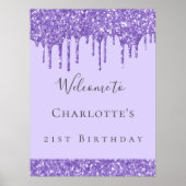 Birthday party violet lavender glitter name poster (Voorkant)