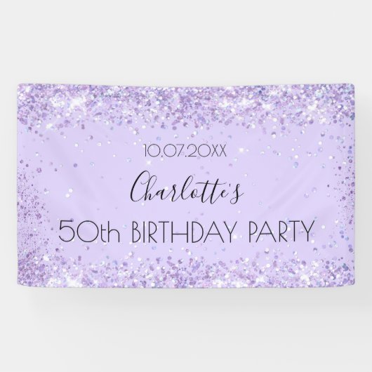 Birthday party violet lavender glitter name spandoek (Horizontaal)