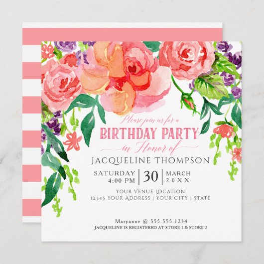 Birthday Party Waterverf Moderne Bright Floral Art Kaart (Voorkant / Achterkant)