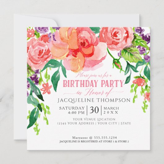 Birthday Party Waterverf Moderne Bright Floral Art Kaart (Voorkant)