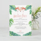 Birthday Party Waterverf Pink Flamingo Leaves Kaart (Staand voorkant)