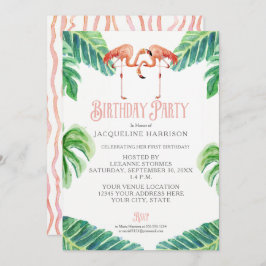 Birthday Party Waterverf Pink Flamingo Leaves Kaart