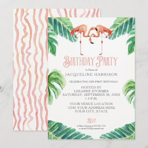 Birthday Party Waterverf Pink Flamingo Leaves Kaart