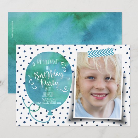 Birthday Party Waterverf | Uitnodigingsjongen Kaart (Voorkant / Achterkant)