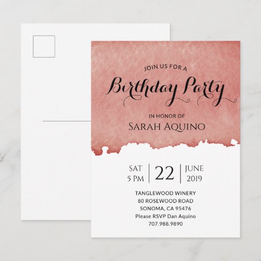 Birthday Party Waterverf Wine Stain Winery Uitnodiging Briefkaart (Voorkant / Achterkant)