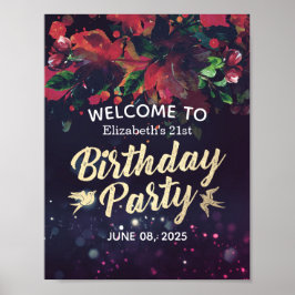 Birthday Party Welcome Marsala Floral Paars Light Poster