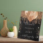 Birthday party welkom zwarte goudglitterdruppels reclamebord met voetstuk