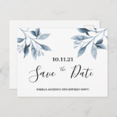 Birthday party white blue botanical save the date briefkaart (Voorkant / Achterkant)