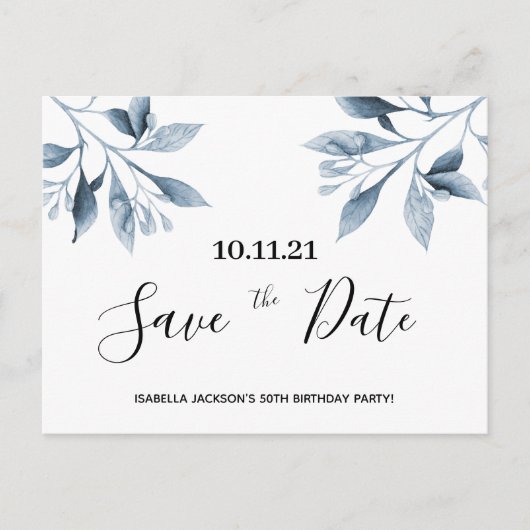 Birthday party white blue botanical save the date briefkaart (Voorkant)