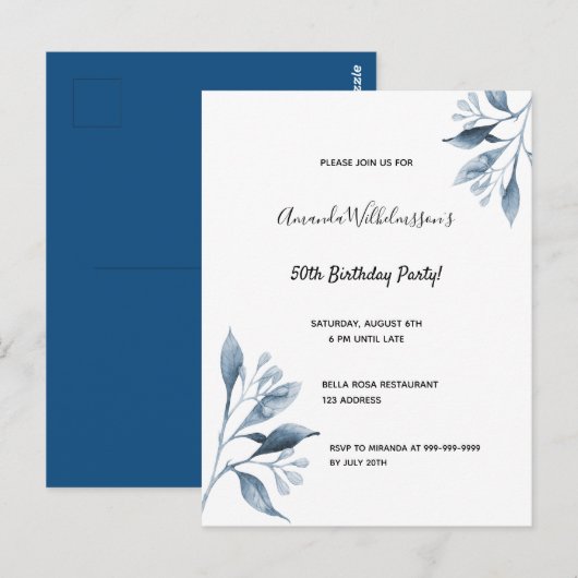 Birthday party white blue botanische uitnodiging (Voorkant / Achterkant)