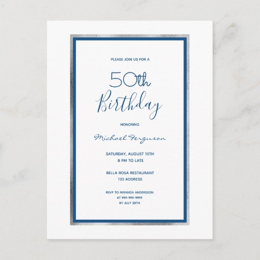 Birthday party white blue Silver Eenvoudige uitnod Briefkaart (Voorkant)