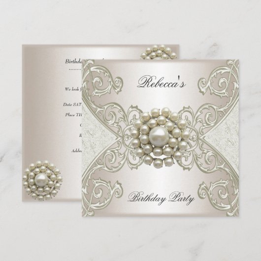 Birthday Party White Cream Pearl Kaart (Voorkant / Achterkant)