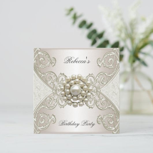 Birthday Party White Cream Pearl Kaart (Staand voorkant)