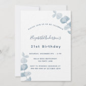 Birthday party white dusty blue eucalyptus luxe kaart (Voorkant)