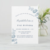 Birthday party white dusty blue eucalyptus luxe kaart (Staand voorkant)