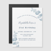 Birthday party white dusty blue eucalyptus luxe magnetische uitnodiging (Voorkant / Achterkant)