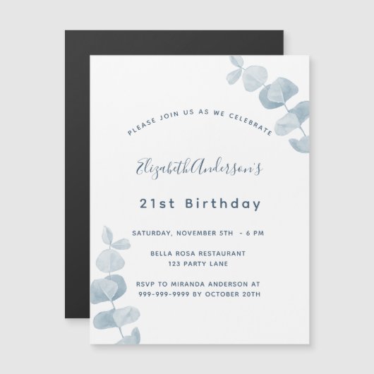 Birthday party white dusty blue eucalyptus luxe magnetische uitnodiging (Voorkant / Achterkant)