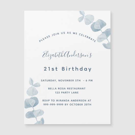 Birthday party white dusty blue eucalyptus luxe magnetische uitnodiging (Voorkant)