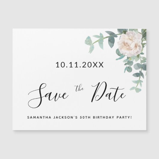 Birthday party white floral greenery save the date (Voorkant)
