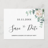 Birthday party white floral greenery save the date briefkaart (Voorkant)