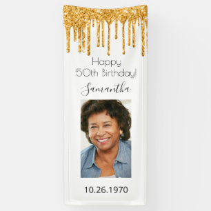 Birthday party white gold foto glitter glazuur gli spandoek