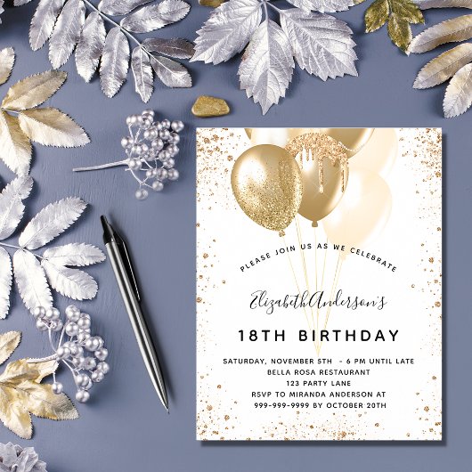 Birthday party white gold glitter ballonnen flyer